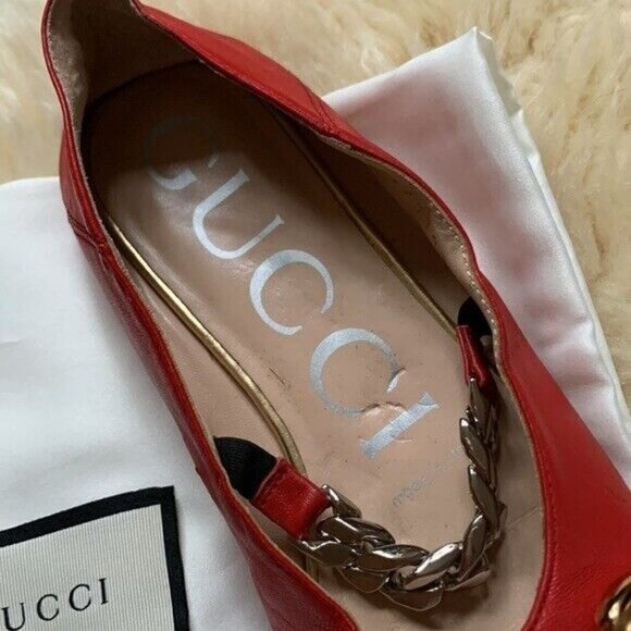 GUCCI Deva Red Lamb Leather Point Toe Horsebit Silver Chain Ballet Flats 35 - Picture 5 of 12